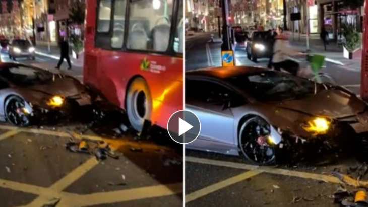 chaos in londen, een lamborghini aventador crasht tegen bus in hartje stad